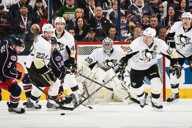 COLUMBUS, OH - APRIL 23:  Goaltender Marc-Andre Fleury #29 of the Pittsburgh Penguins defends the net against the Columbus Blue Jackets in Game Four of the First Round of the 2014 Stanley Cup Playoffs on April 23, 2014 at Nationwide Arena in Columbus, Ohio.  (Photo by Jamie Sabau/NHLI via Getty Images)