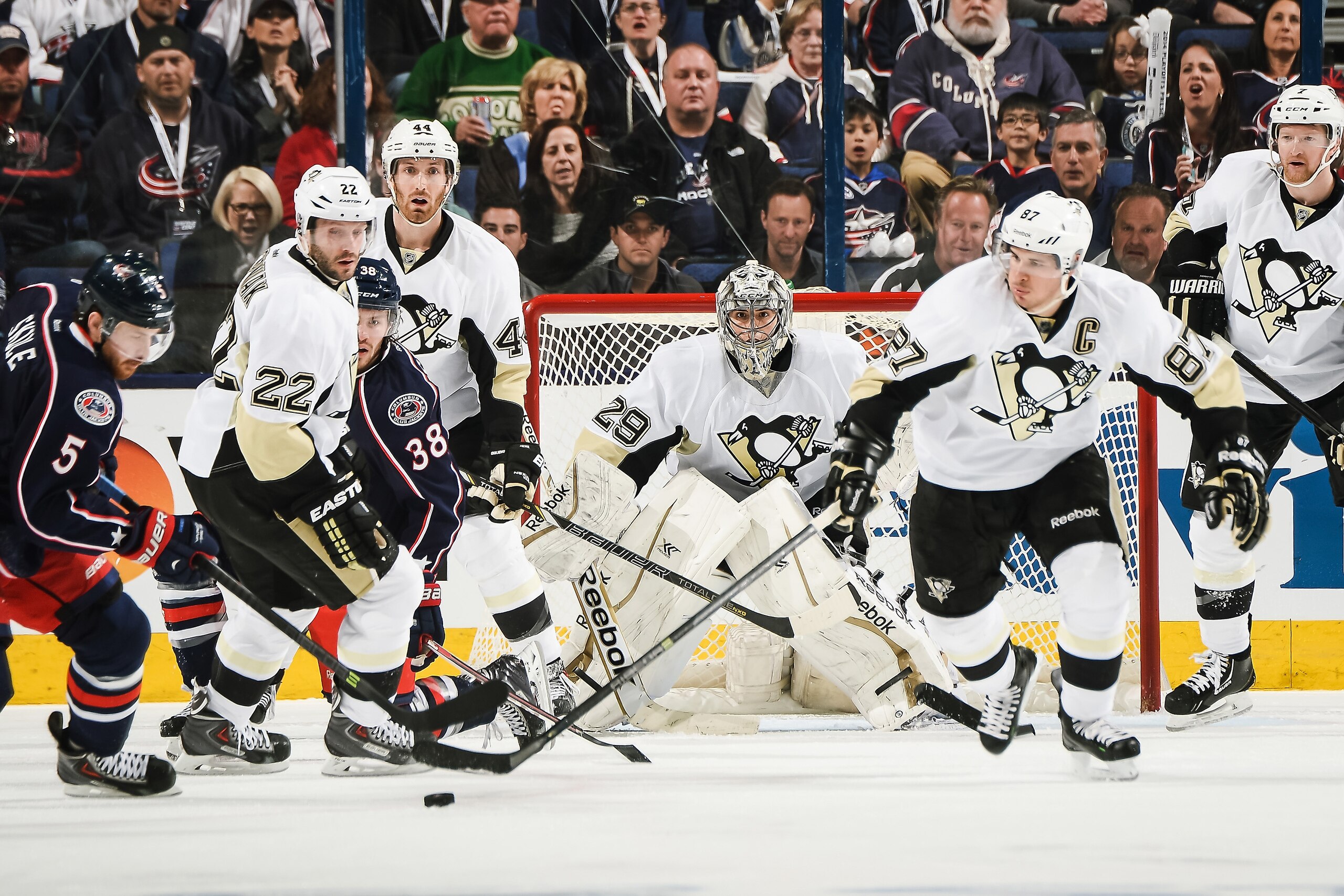 COLUMBUS, OH - APRIL 23:  Goaltender Marc-Andre Fleury #29 of the Pittsburgh Penguins defends the net against the Columbus Blue Jackets in Game Four of the First Round of the 2014 Stanley Cup Playoffs on April 23, 2014 at Nationwide Arena in Columbus, Ohio.  (Photo by Jamie Sabau/NHLI via Getty Images)