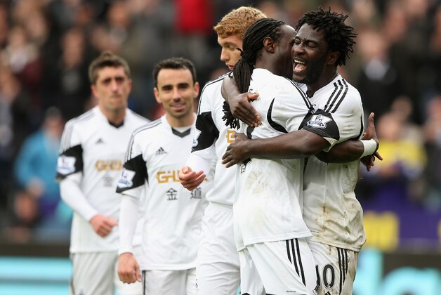 SWANSEA, WALES - APRIL 26:  Wilfried Bony of Swansea City celebrates scoring their fourth goal during the Barclays Premier League match between Swansea City and Aston Villa at Liberty Stadium on April 26, 2014 in Swansea, Wales.  (Photo by Scott Heavey/Getty Images)