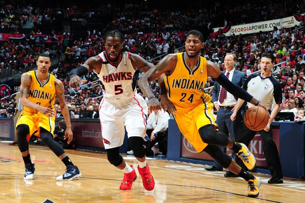 ATLANTA, GA - APRIL 26: Paul George #24 of the Indiana Pacers dribbles up the court against the Atlanta Hawks during Game Four of the Eastern Conference Quarterfinals on April 26, 2014 at Philips Arena in Atlanta, Georgia. NOTE TO USER: User expressly acknowledges and agrees that, by downloading and/or using this Photograph, user is consenting to the terms and conditions of the Getty Images License Agreement. Mandatory Copyright Notice: Copyright 2014 NBAE (Photo by Scott Cunningham/NBAE via Getty Images) ATLANTA, GA - APRIL 26: Paul George #24 of the Indiana Pacers dribbles up the court against the Atlanta Hawks during Game Four of the Eastern Conference Quarterfinals on April 26, 2014 at Philips Arena in Atlanta, Georgia. NOTE TO USER: User expressly acknowledges and agrees that, by downloading and/or using this Photograph, user is consenting to the terms and conditions of the Getty Images License Agreement. Mandatory Copyright Notice: Copyright 2014 NBAE (Photo by Scott Cunningham/NBAE via Getty Images)