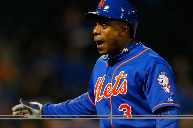 NEW YORK, NY - APRIL 25: Curtis Granderson #3 of the New York Mets celebrates after hitting a walk off single in the bottom of the ninth inning to beat the Miami Marlins at Citi Field on April 25, 2014 in the Flushing neighborhood of the Queens borough of New York City. Mets defeated the Marlins 4-3. (Photo by Mike Stobe/Getty Images)
