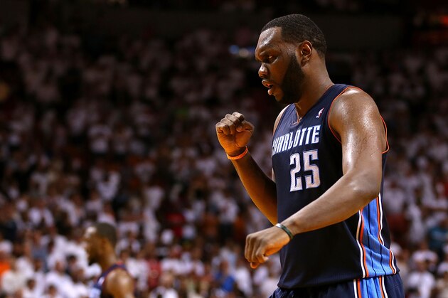 MIAMI, FL - APRIL 23: Al Jefferson #25 of the Charlotte Bobcats reacts to a play during Game Two of the Eastern Conference Quarterfinals of the 2014 NBA Playoffs against the Miami Heat at AmericanAirlines Arena on April 23, 2014 in Miami, Florida. NOTE TO USER: User expressly acknowledges and agrees that, by downloading and/or using this photograph, user is consenting to the terms and conditions of the Getty Images License Agreement. Mandatory copyright notice: (Photo by Mike Ehrmann/Getty Images) MIAMI, FL - APRIL 23: Al Jefferson #25 of the Charlotte Bobcats reacts to a play during Game Two of the Eastern Conference Quarterfinals of the 2014 NBA Playoffs against the Miami Heat at AmericanAirlines Arena on April 23, 2014 in Miami, Florida. NOTE TO USER: User expressly acknowledges and agrees that, by downloading and/or using this photograph, user is consenting to the terms and conditions of the Getty Images License Agreement. Mandatory copyright notice: (Photo by Mike Ehrmann/Getty Images)