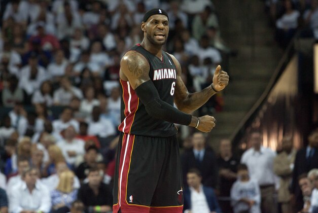 Apr 26, 2014; Charlotte, NC, USA; Miami Heat forward LeBron James (6) reacts to a call during the first half against the Charlotte Bobcats in game three of the first round of the 2014 NBA Playoffs at Time Warner Cable Arena. Mandatory Credit: Jeremy Brevard-USA TODAY Sports