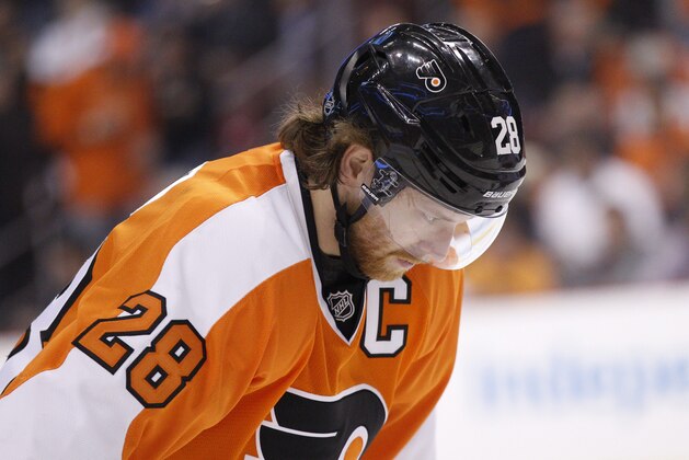 Philadelphia Flyers' Claude Giroux looks down during the first period in Game 4 of an NHL hockey first-round playoff series against the New York Rangers, Friday, April 25, 2014, in Philadelphia. The Flyers won 2-1. (AP Photo/Chris Szagola)
