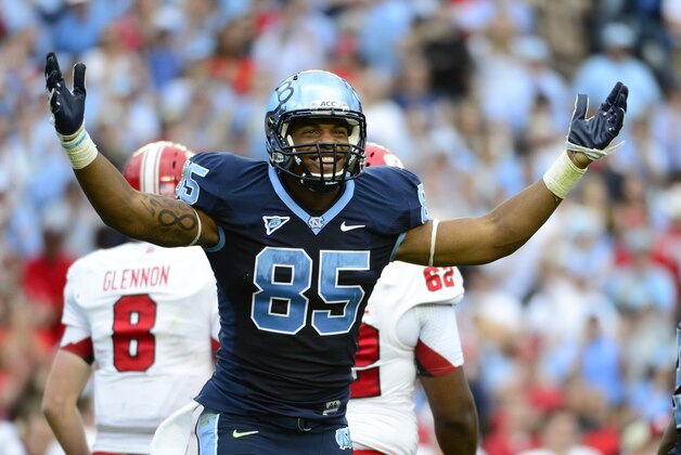 Oct 27, 2012; Chapel Hill, NC, USA; North Carolina Tar Heels tight end Eric Ebron (85) reacts in the fourth quarter at Kenan Stadium.  Mandatory Credit: Bob Donnan-USA TODAY Sports