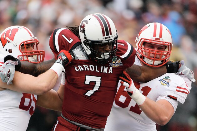 ORLANDO, FL - JANUARY 01:  Jadeveon Clowney #7 of the South Carolina Gamecocks in action during their game against the Wisconsin Badgers at the Capital One Bowl on January 1, 2014 in Orlando, Florida.  (Photo by Scott Halleran/Getty Images)