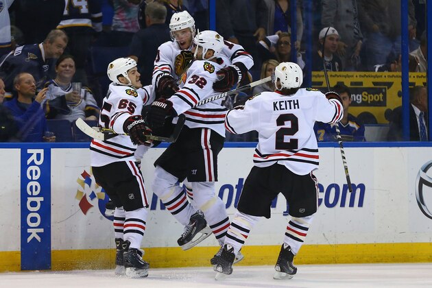 ST. LOUIS, MO - APRIL 25: Jonathan Toews #19 of the Chicago Blackhawks celebrates with Andrew Shaw #65, Michal Rozsival #32, and Duncan Keith #2 of the Chicago Blackhawks after scoring the game-winning goal against the St. Louis Blues in Game Five of the First Round of the 2014 Stanley Cup Playoffs at the Scottrade Center on April 25, 2014 in St. Louis, Missouri.  The Blackhawks beat the Blues 3-2 in overtime.  (Photo by Dilip Vishwanat/Getty Images)