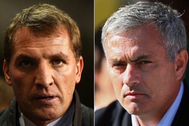 FILE PHOTO - EDITORS NOTE: COMPOSITE OF TWO IMAGES - Image Numbers 456837437 (L) and 183386392) In this composite image a comparison has been made between Brendan Rodgers ,manager of Liverpool (L) and Chelsea manager Jose Mourinho. The top two teams in the Premier League meet in a league match on April 27, 2014 at Anfield in Liverpool,England.   ***LEFT IMAGE*** LONDON, ENGLAND - DECEMBER 15: Manager Brendan Rodgers of Liverpool looks on during the Barclays Premier League match between Tottenham Hotspur and Liverpool at White Hart Lane on December 15, 2013 in London, England. (Photo by Paul Gilham/Getty Images) ***RIGHT IMAGE*** NORWICH, ENGLAND - OCTOBER 06: Manager Jose Mourinho of Chelsea looks on ahead of the Barclays Premier League match between Norwich City and Chelsea at Carrow Road on October 6, 2013 in Norwich, England. (Photo by Julian Finney/Getty Images)