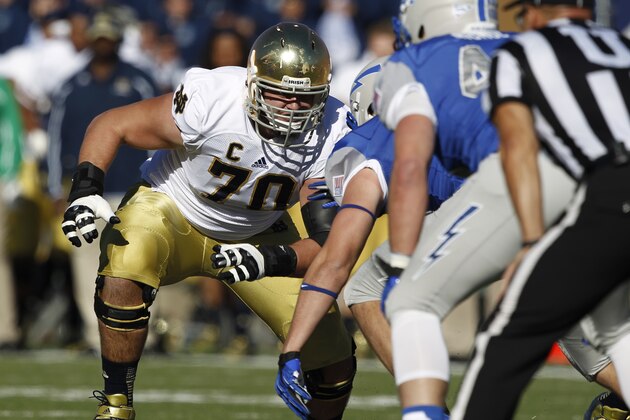 Notre Dame offensive tackle Zack Martin, back, faces off against Air Force in the first quarter of an NCAA football game at the Air Force Academy, Colo., on Saturday, Oct. 26, 2013. (AP Photo/David Zalubowski)