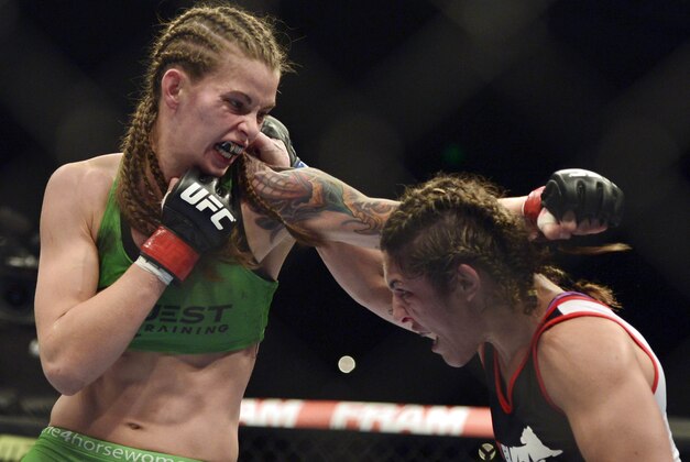 Apr 26, 2014; Baltimore, MD, USA;  Bethe Correia (right) lands a head shot on Jessamyn Duke during the first round  in UFC 172 at Baltimore Arena. Correia defeated Duke by judges decision.  Mandatory Credit: Tommy Gilligan-USA TODAY Sports