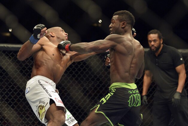 Apr 26, 2014; Baltimore, MD, USA; Chris Beal (left) strikes Patrick Williams during the second round at Baltimore Arena. Beal defeated Williams by knock out in the second round. Mandatory Credit: Tommy Gilligan-USA TODAY Sports