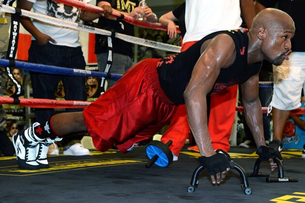 LAS VEGAS, NV - APRIL 22:  Boxer Floyd Mayweather Jr. works out at the Mayweather Boxing Club on April 22, 2014 in Las Vegas, Nevada. Mayweather will face Marcos Maidana in a 12-round world championship unification bout in Las Vegas on May 3.  (Photo by Ethan Miller/Getty Images)