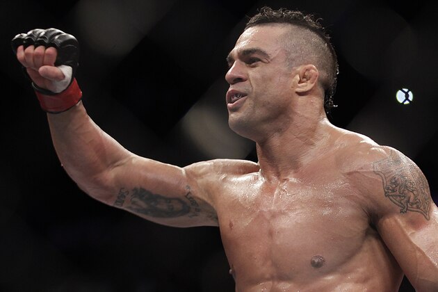 FILE - In this Jan. 20, 2013, file photo, Vitor Belfort, from Brazil, celebrates after defeating Michael Bisping, of Britian, during their middleweight mixed martial arts bout in Sao Paulo, Brazil. Belfort dropped out of his upcoming UFC middleweight title shot on Thursday, Feb. 27, 2014, a few hours after the Nevada Athletic Commission banned testosterone replacement therapy. Belfort was scheduled to fight 185-pound champion Chris Weidman at UFC 173 on May 24. His title shot was given to Lyoto Machida by UFC President Dana White. (AP Photo/Andre Penner, File)