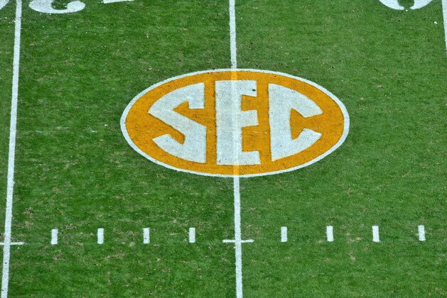 Nov 10, 2012; Knoxville, TN, USA; A general view of the SEC logo on the field prior to the game between the Tennessee Volunteers and Missouri Tigers at Neyland Stadium. Missouri defeated Tennessee 51-48 in quadruple overtime. Mandatory Credit: Jim Brown-USA TODAY Sports