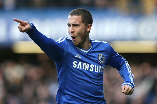 Chelsea's Eden Hazard celebrates after scoring the opening goal during their English Premier League soccer match between Chelsea and Newcastle United in London, Saturday, Feb. 8  2014. (AP Photo/Alastair Grant)