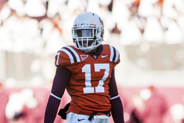 Nov 24, 2012; Blacksburg, VA, USA; Virginia Tech Hokies cornerback Kyle Fuller (17) on the field during the game against the Virginia Cavaliers at Lane Stadium. Mandatory Credit: Peter Casey-USA TODAY Sports Images