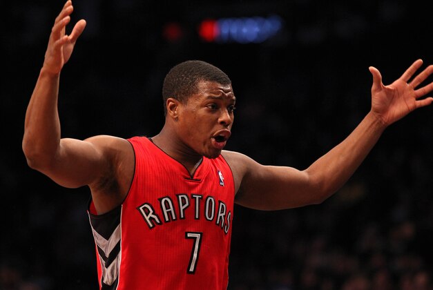 Apr 27, 2014; Brooklyn, NY, USA; Toronto Raptors guard Kyle Lowry (7) reacts against the Brooklyn Nets during the second quarter in game four of the first round of the 2014 NBA Playoffs at Barclays Center. Mandatory Credit: Adam Hunger-USA TODAY Sports