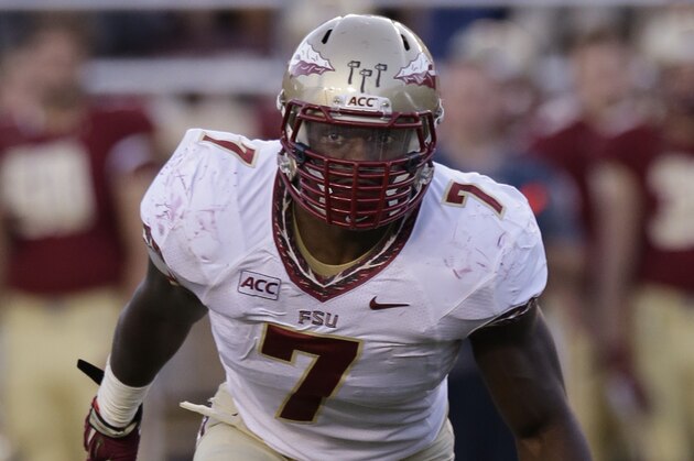 Florida State linebacker Christian Jones (7) works his coverage during the second half of an NCAA college football game against Boston College in Boston, Mass., Saturday, Sept. 28, 2013. Florida State defeated Boston College 48-34. (AP Photo/Stephan Savoia)