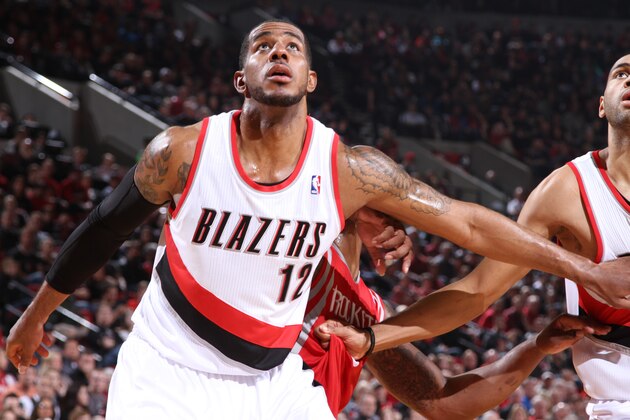 PORTLAND, OR - APRIL 27: LaMarcus Aldridge #12 of the Portland Trail Blazers battles for position against the Houston Rockets in Game Four of the Western Conference Quarterfinals during the 2014 NBA Playoffs on April 27, 2014 at the Moda Center in Portland, Oregon. NOTE TO USER: User expressly acknowledges and agrees that, by downloading and or using this photograph, User is consenting to the terms and conditions of the Getty Images License Agreement. Mandatory Copyright Notice: Copyright 2014 NBAE (Photo by Sam Forencich/NBAE via Getty Images) PORTLAND, OR - APRIL 27: LaMarcus Aldridge #12 of the Portland Trail Blazers battles for position against the Houston Rockets in Game Four of the Western Conference Quarterfinals during the 2014 NBA Playoffs on April 27, 2014 at the Moda Center in Portland, Oregon. NOTE TO USER: User expressly acknowledges and agrees that, by downloading and or using this photograph, User is consenting to the terms and conditions of the Getty Images License Agreement. Mandatory Copyright Notice: Copyright 2014 NBAE (Photo by Sam Forencich/NBAE via Getty Images)