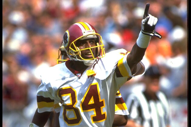 13 SEP 1992:  WASHINGTON REDSKINS WIDE RECEIVER GARY CLARK POINTS TO THE CROWD IN CELEBRATION DURING A 24-17 VICTORY OVER THE ATLANTA FALCONS AT RFK STADIUM IN WASHINGTON D.C.