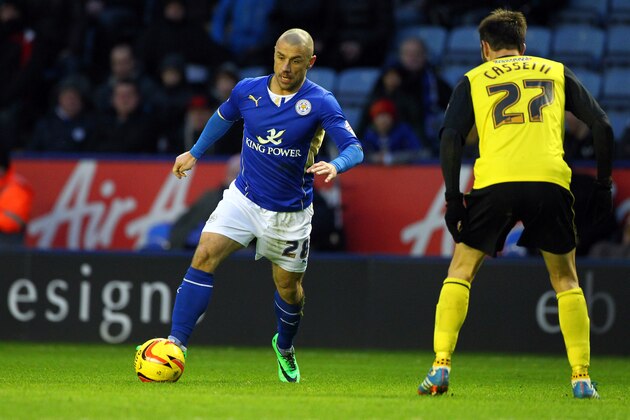 LEICESTER, ENGLAND - FEBRUARY 08:  Kevin Phillips of Leicester City and Marco Cassetti of Watford during the Sky Bet Championship match between Leicester City and Watford at The King Power Stadium on February 08, 2014 in Leicester, England.  (Photo by Tim Keeton/Getty Images)