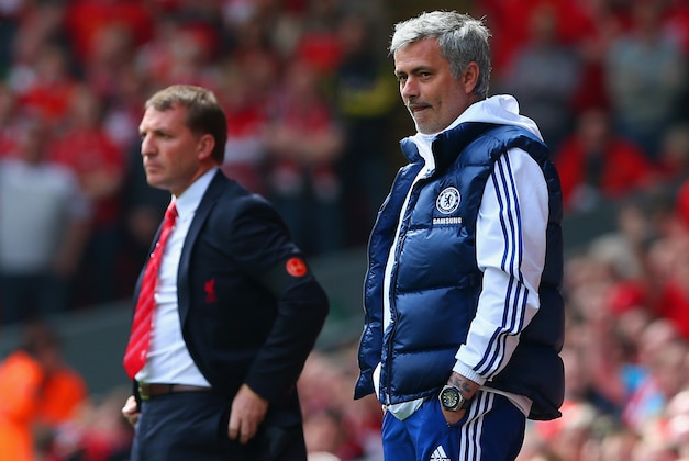 LIVERPOOL, ENGLAND - APRIL 27:  Manager Brendan Rodgers of Liverpool and Jose Mourinho manager of Chelsea look on from the touchline during the Barclays Premier League match between Liverpool and Chelsea at Anfield on April 27, 2014 in Liverpool, England.  (Photo by Clive Brunskill/Getty Images)