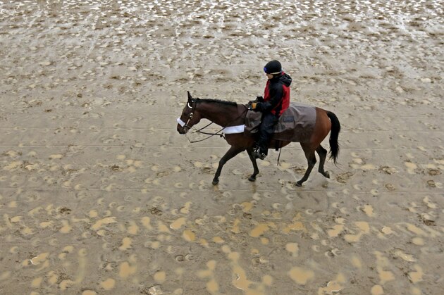 A horse makes its way down a muddy track at Churchill Downs Monday, April 28, 2014, in Louisville, Ky. (AP Photo/Charlie Riedel)