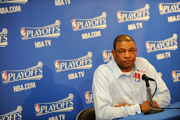 OAKLAND, CA - APRIL 27: Head Coach Doc Rivers of the Los Angeles Clippers talks to the media prior to the game against the Golden State Warriors in Game Four of the Western Conference Quarterfinals at Oracle Arena on April 27, 2014 in Oakland, California. NOTE TO USER: User expressly acknowledges and agrees that, by downloading and/or using this Photograph, user is consenting to the terms and conditions of the Getty Images License Agreement. Mandatory Copyright Notice: Copyright 2014 NBAE (Photo by Noah Graham/NBAE via Getty Images)