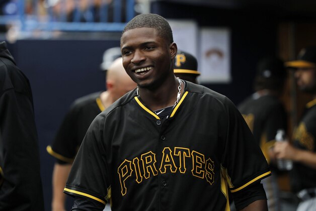 Feb 27, 2014; Tampa, FL, USA; Pittsburgh Pirates right fielder Gregory Polanco (62) smiles after he hit a solo home run during the first inning against the New York Yankees at George M. Steinbrenner Field. Mandatory Credit: Kim Klement-USA TODAY Sports