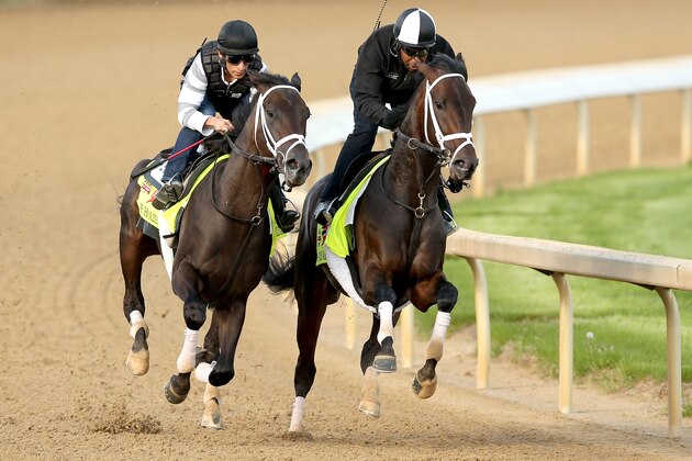 LOUISVILLE, KY - APRIL 27: Intense Holiday, riden by John Velazquez, and We Miss Artie, riden Nick Bush, work out together during the morning exercise session in preparation for the140th Kentucky Derby at Churchill Downs on April 27, 2014 in Louisville, Kentucky. (Photo by Matthew Stockman/Getty Images) LOUISVILLE, KY - APRIL 27: Intense Holiday, riden by John Velazquez, and We Miss Artie, riden Nick Bush, work out together during the morning exercise session in preparation for the140th Kentucky Derby at Churchill Downs on April 27, 2014 in Louisville, Kentucky. (Photo by Matthew Stockman/Getty Images)