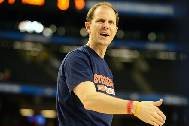 Apr 5, 2013; Atlanta, GA, USA; Syracuse Orange assistant coach Mike Hopkins reacts during practice before the semifinals of the Final Four of the 2013 NCAA basketball tournament at the Georgia Dome. Mandatory Credit: Bob Donnan-USA TODAY Sports