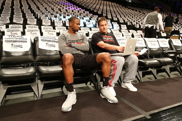 BROOKLYN, NY - APRIL 25:  Terrence Ross #31 of the Toronto Raptors watches film before Game Three against the Brooklyn Nets during the NBA Playoffs on April 25, 2014 at the Barclays Center in Brooklyn, New York. NOTE TO USER: User expressly acknowledges and agrees that, by downloading and or using this photograph, User is consenting to the terms and conditions of the Getty Images License Agreement. Mandatory Copyright Notice: Copyright 2014 NBAE (Photo by Nathaniel S. Butler/NBAE via Getty Images)