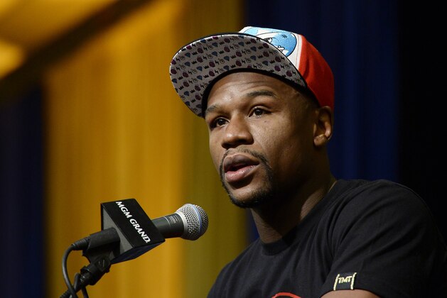 LAS VEGAS, NV - MARCH 8: Floyd Mayweather Jr. announces his upcoming Marcos 'El Chino' Maidana  during a news conference at at the MGM Grand Hotel/Casino March 8, 2014, in Las Vegas, Nevada. (Photo by Kevork Djansezian/Getty Images)