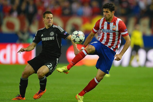 MADRID, SPAIN - APRIL 22: Cesar Azpilicueta of Chelsea marshalls Diego Costa of Club Atletico de Madrid during the UEFA Champions League Semi Final first leg match between Club Atletico de Madrid and Chelsea at Vicente Calderon Stadium on April 22, 2014 in Madrid, Spain. (Photo by Mike Hewitt/Getty Images) MADRID, SPAIN - APRIL 22: Cesar Azpilicueta of Chelsea marshalls Diego Costa of Club Atletico de Madrid during the UEFA Champions League Semi Final first leg match between Club Atletico de Madrid and Chelsea at Vicente Calderon Stadium on April 22, 2014 in Madrid, Spain. (Photo by Mike Hewitt/Getty Images)