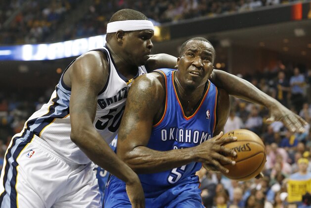 Memphis Grizzlies forward Zach Randolph (50) defends against Oklahoma City Thunder center Kendrick Perkins (5) in the second half of Game 4 of an opening-round NBA basketball playoff series Sunday, April 27, 2014, in Memphis, Tenn. (AP Photo/Mark Humphrey) Memphis Grizzlies forward Zach Randolph (50) defends against Oklahoma City Thunder center Kendrick Perkins (5) in the second half of Game 4 of an opening-round NBA basketball playoff series Sunday, April 27, 2014, in Memphis, Tenn. (AP Photo/Mark Humphrey)