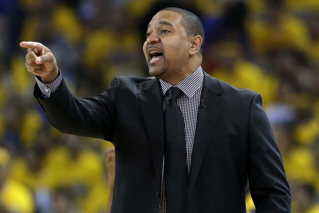 Golden State Warriors head coach Mark Jackson instructs his team against the Los Angeles Clippers during the first half in Game 4 of an opening-round NBA basketball playoff series on Sunday, April 27, 2014, in Oakland, Calif. (AP Photo/Marcio Jose Sanchez)