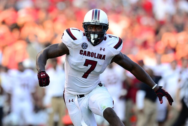 Sep 7, 2013; Athens, GA, USA; South Carolina Gamecocks defensive end Jadeveon Clowney (7) rushes the passer against the Georgia Bulldogs during the second half at Sanford Stadium. Georgia defeated South Carolina 41-30. Mandatory Credit: Dale Zanine-USA TODAY Sports