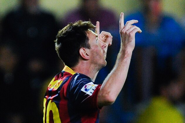 VILLARREAL, SPAIN - APRIL 27:  Lionel Messi of FC Barcelona celebrates after scoring his team's third goal during the La Liga match between Villarreal CF and FC Barcelona at El Madrigal on April 27, 2014 in Villarreal, Spain.  (Photo by David Ramos/Getty Images)