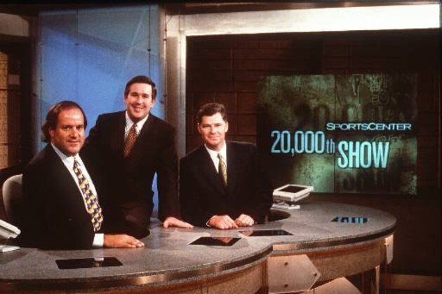 ESPN ``SportsCenter'' hosts, from left, Chris Berman, Beb Ley and Dan Patrick pose on the set of the show in this undated handout photo. ``SportsCenter,'' airing for the 20,000th time Sunday night, May 17, 1998, is more than nicknames, one-liners and funny commercials, it has changed the way people follow sports. For good or for bad, viewers can see every rim-rattling dunk, circus catch or showboating celebration dance long before the morning paper hits the doorstep. (AP Photo/Rick Labranche, HO)