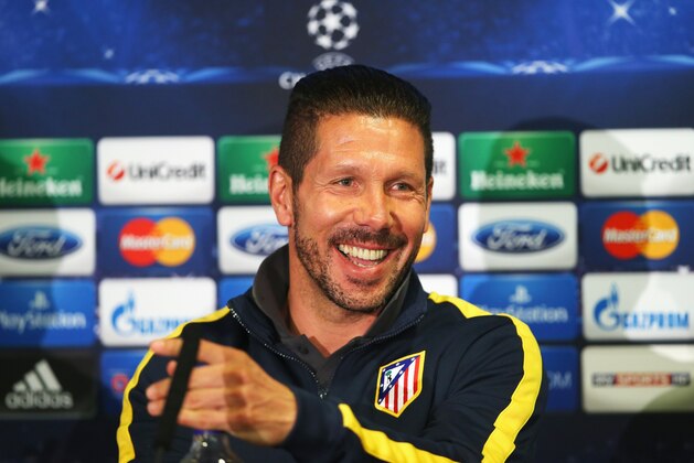 LONDON, ENGLAND - APRIL 29:  Coach of Atletico Madrid Diego Simeone talks at the Atletico Madrid press conference at Stamford Bridge on April 29, 2014 in London, England.  (Photo by Clive Rose/Getty Images)