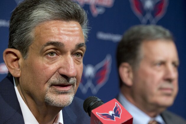 Washington Capitals owner Ted Leonsis, left, and president Dick Patrick announce that the Capitals have fired coach Adam Oates and will not renew the contract of general manager George McPhee after failing to make the NHL playoffs for the first time since 2007, during a news conference in Washington Saturday April 26, 2014. The team announced the moves in a news release Saturday, followed by a news conference. (AP Photo/Jacquelyn Martin)