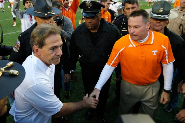 TUSCALOOSA, AL - OCTOBER 26:  Head coach Nick Saban of the Alabama Crimson Tide shakes hands with head coach Butch Jones of the Tennessee Volunteers at Bryant-Denny Stadium on October 26, 2013 in Tuscaloosa, Alabama.  (Photo by Kevin C. Cox/Getty Images)