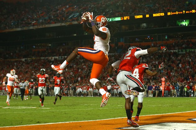 MIAMI GARDENS, FL - JANUARY 03:  Sammy Watkins #2 of the Clemson Tigers catches a touchdown in the third quarter against Doran Grant #12 of the Ohio State Buckeyes during the Discover Orange Bowl at Sun Life Stadium on January 3, 2014 in Miami Gardens, Florida.  (Photo by Streeter Lecka/Getty Images)