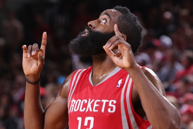 PORTLAND, OR - APRIL 27: James Harden #13 of the Houston Rockets celebrates during a game against the Portland Trail Blazers in Game Four of the Western Conference Quarterfinals during the 2014 NBA Playoffs on April 27, 2014 at the Moda Center in Portland, Oregon. NOTE TO USER: User expressly acknowledges and agrees that, by downloading and or using this photograph, User is consenting to the terms and conditions of the Getty Images License Agreement. Mandatory Copyright Notice: Copyright 2014 NBAE (Photo by Sam Forencich/NBAE via Getty Images)