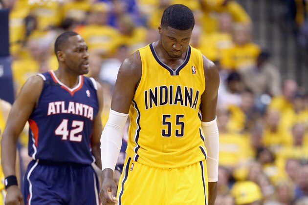 INDIANAPOLIS, IN - APRIL 19:  Roy Hibbert #55 of the the Indiana Pacers walks with his head down after a foul in the 101 -93 loss to the Atlanta Hawks in Game 1 of the Eastern Conference Quarterfinals during the 2014 NBA Playoffs at Bankers Life Fieldhouse on April 19, 2014 in Indianapolis, Indiana. NOTE TO USER: User expressly acknowledges and agrees that, by downloading and or using this photograph, User is consenting to the terms and conditions of the Getty Images License Agreement.  (Photo by Andy Lyons/Getty Images)