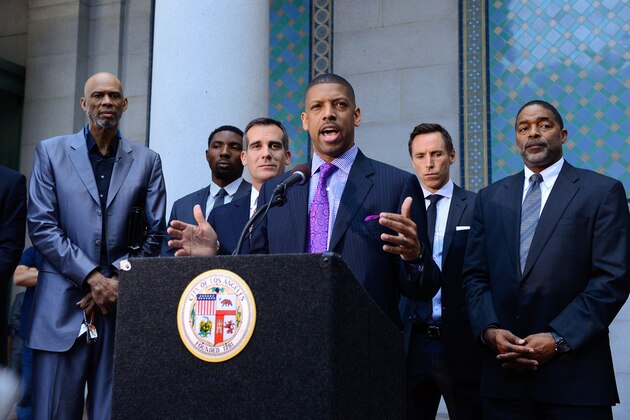 LOS ANGELES, CA - APRIL 29:  (L-R)  Former NBA players Kareem Abdul-Jabbar, Roger Mason, Los Angeles Mayor Eric Garcetti, Sacramento Mayor Kevin Johnson, Los Angeles Lakers Steve Nash, and Norm Nixon address the media during the press conference in response to the NBA decision on Donald Sterling ownership at Los Angeles City Hall on April 29, 2014 in Los Angeles, California. Silver announced that Sterling will be banned from the NBA for life and will be fined $2.5 million for racist comments released in audio recordings. (Photo by Noel Vasquez/Getty Images)