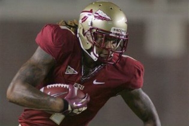Florida State wide receiver Kelvin Benjamin (1) runs after catching a pass in the fourth quarter of an NCAA college football game against Murray State on Saturday, Sept. 1, 2012, in Tallahassee, Fla. FSU won 69-3. (AP Photo/Phil Sears)
