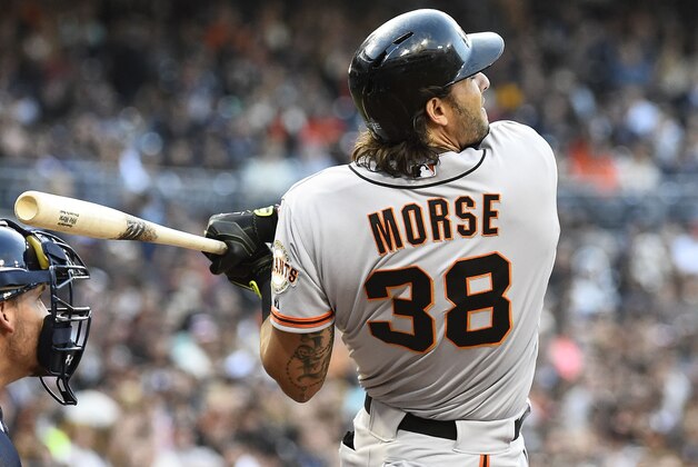 SAN DIEGO, CA - APRIL 19:  Michael Morse #38 of the San Francisco Giants hits a solo home run during the fifth inning of a  baseball game against the San Diego Padres at Petco Park April 19, 2014 in San Diego, California.  (Photo by Denis Poroy/Getty Images)