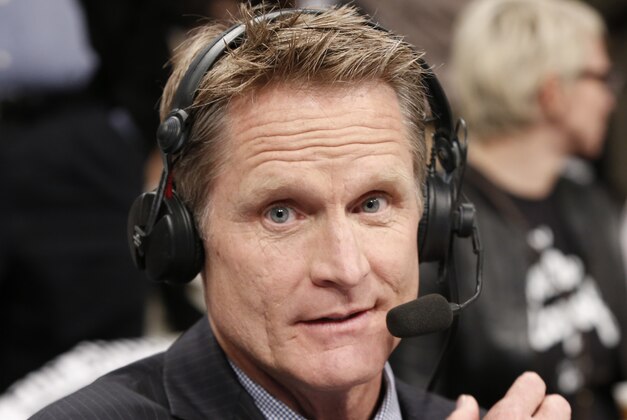 TNT commentator and former Chicago Bulls and San Antonio Spurs guard Steve Kerr broadcasts courtside for Game 4 of an NBA basketball first-round playoff series between the Toronto Raptors and the Brooklyn Nets, Sunday, April 27, 2014, in New York. Kerr said Sunday he spoke with New York Knicks President Phil Jackson twice over the weekend and that they will continue discussing his potential of becoming coach of the team. (AP Photo/Kathy Willens)