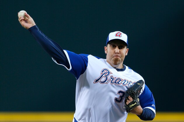 ATLANTA, GA - APRIL 08:  Aaron Harang #34 of the Atlanta Braves pitches in the first inning against the New York Mets at Turner Field on April 8, 2014 in Atlanta, Georgia.  (Photo by Kevin C. Cox/Getty Images)